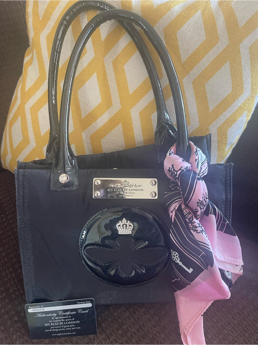 My Flat In London Black Tote With Pink Scarf Accent